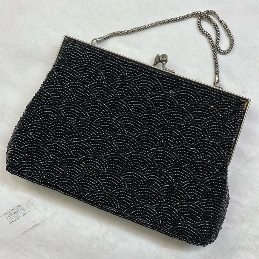 Vintage 60s-70s Art Deco Beaded Evening Bag Black Beaded mini Purse Silver Chai